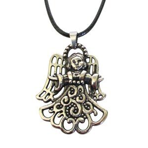 New Angel Ornate Pendant Necklace With Black 18" to 20" Cord Angelic Jewelry Gif